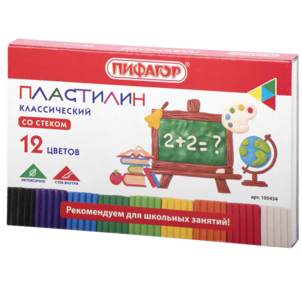 Пластилин классический ПИФАГОР ШКОЛЬНЫЙ, 12 цветов, 180 г, со стеком, 105434